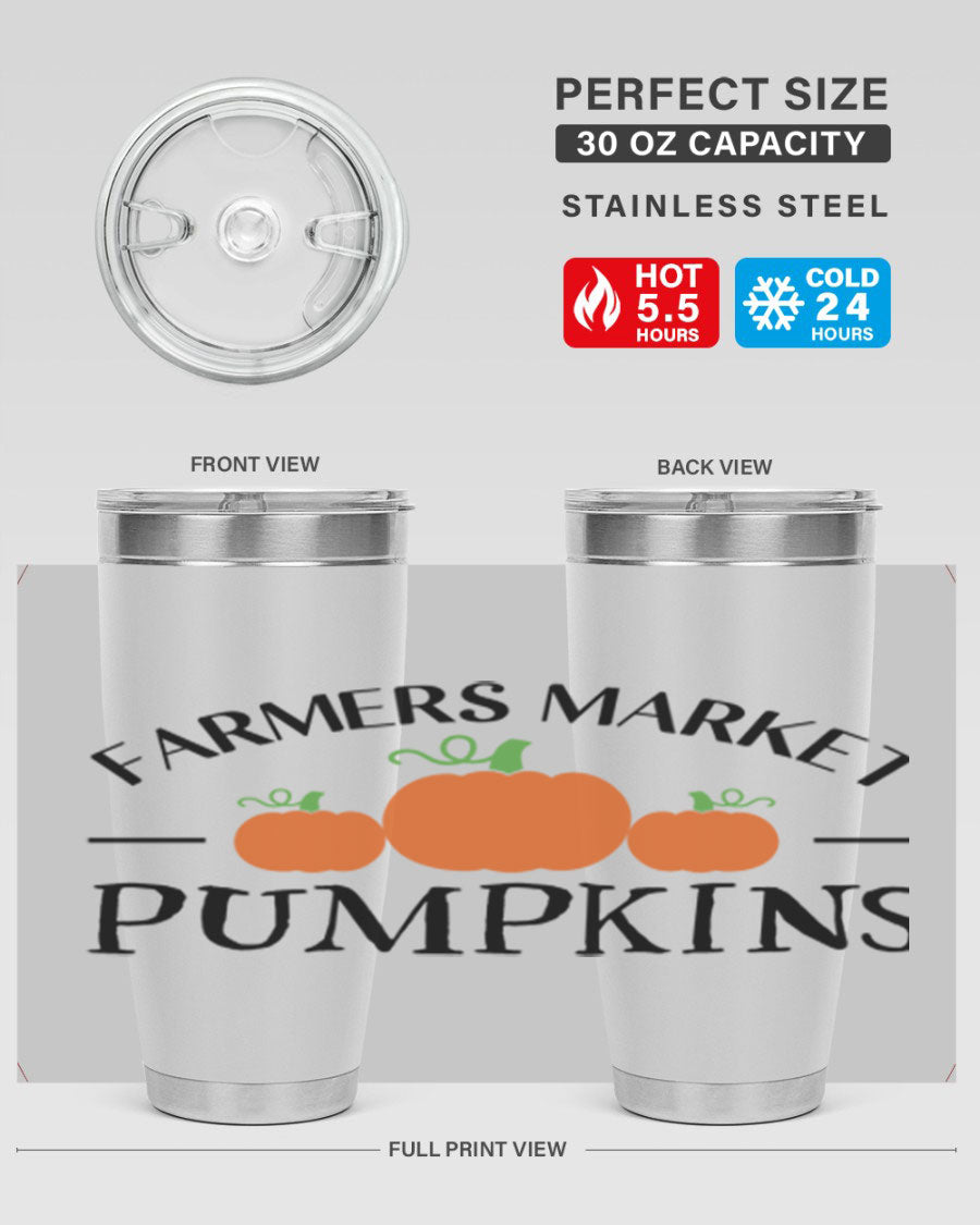 Farmers Market Pumpkins 178# 20oz tumbler featuring a vibrant pumpkin design, double wall vacuum stainless steel construction, and a drink-thru lid.