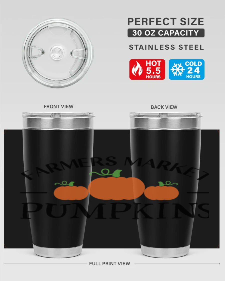 Farmers Market Pumpkins 178# 20oz tumbler featuring a vibrant pumpkin design, double wall vacuum stainless steel construction, and a drink-thru lid.