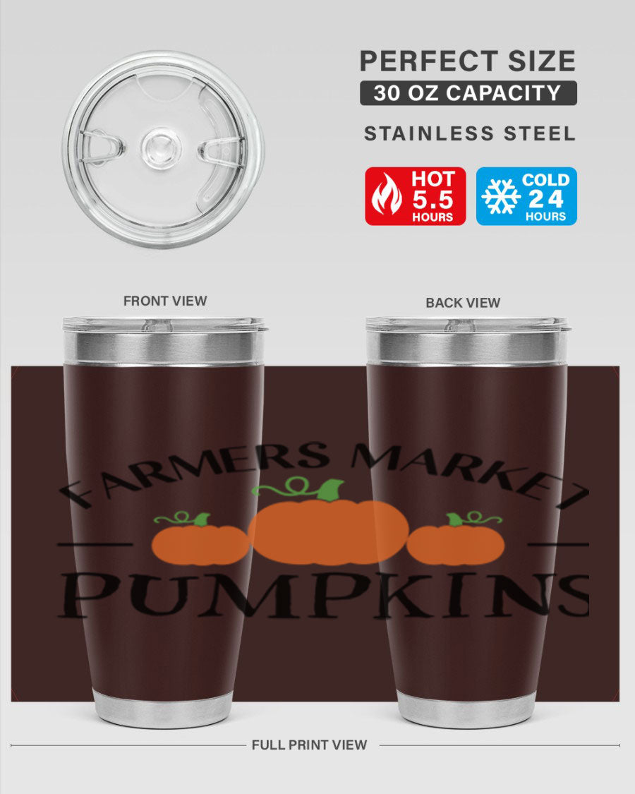 Farmers Market Pumpkins 178# 20oz tumbler featuring a vibrant pumpkin design, double wall vacuum stainless steel construction, and a drink-thru lid.