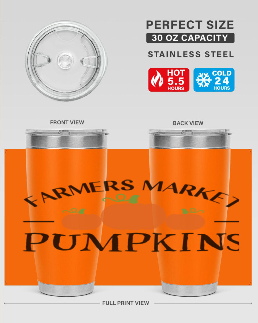 Farmers Market Pumpkins 178# 20oz tumbler featuring a vibrant pumpkin design, double wall vacuum stainless steel construction, and a drink-thru lid.
