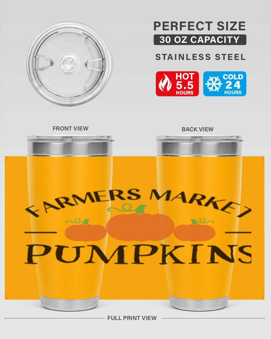 Farmers Market Pumpkins 178# 20oz tumbler featuring a vibrant pumpkin design, double wall vacuum stainless steel construction, and a drink-thru lid.