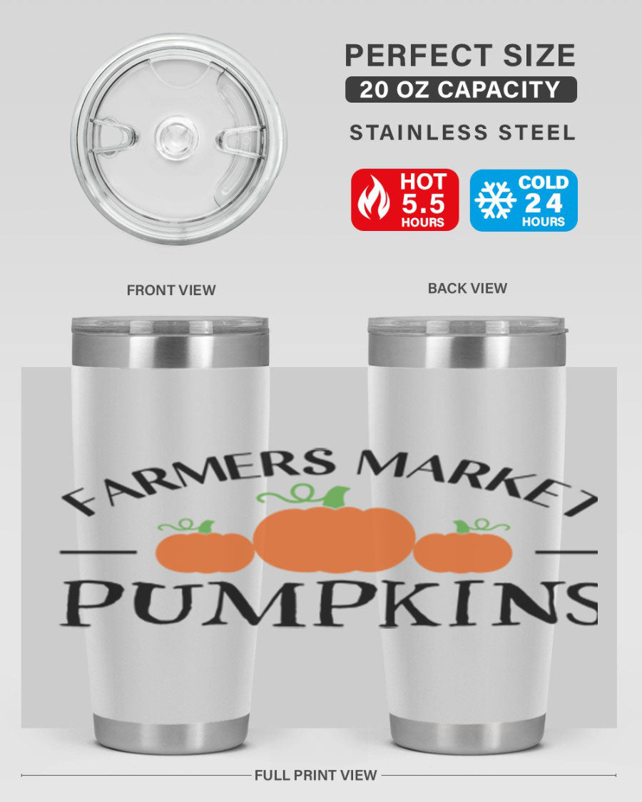Farmers Market Pumpkins 178# 20oz tumbler featuring a vibrant pumpkin design, double wall vacuum stainless steel construction, and a drink-thru lid.