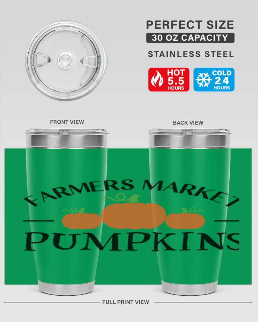 Farmers Market Pumpkins 178# 20oz tumbler featuring a vibrant pumpkin design, double wall vacuum stainless steel construction, and a drink-thru lid.