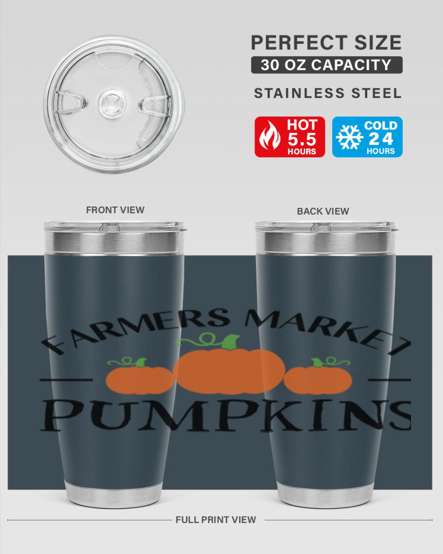 Farmers Market Pumpkins 178# 20oz tumbler featuring a vibrant pumpkin design, double wall vacuum stainless steel construction, and a drink-thru lid.