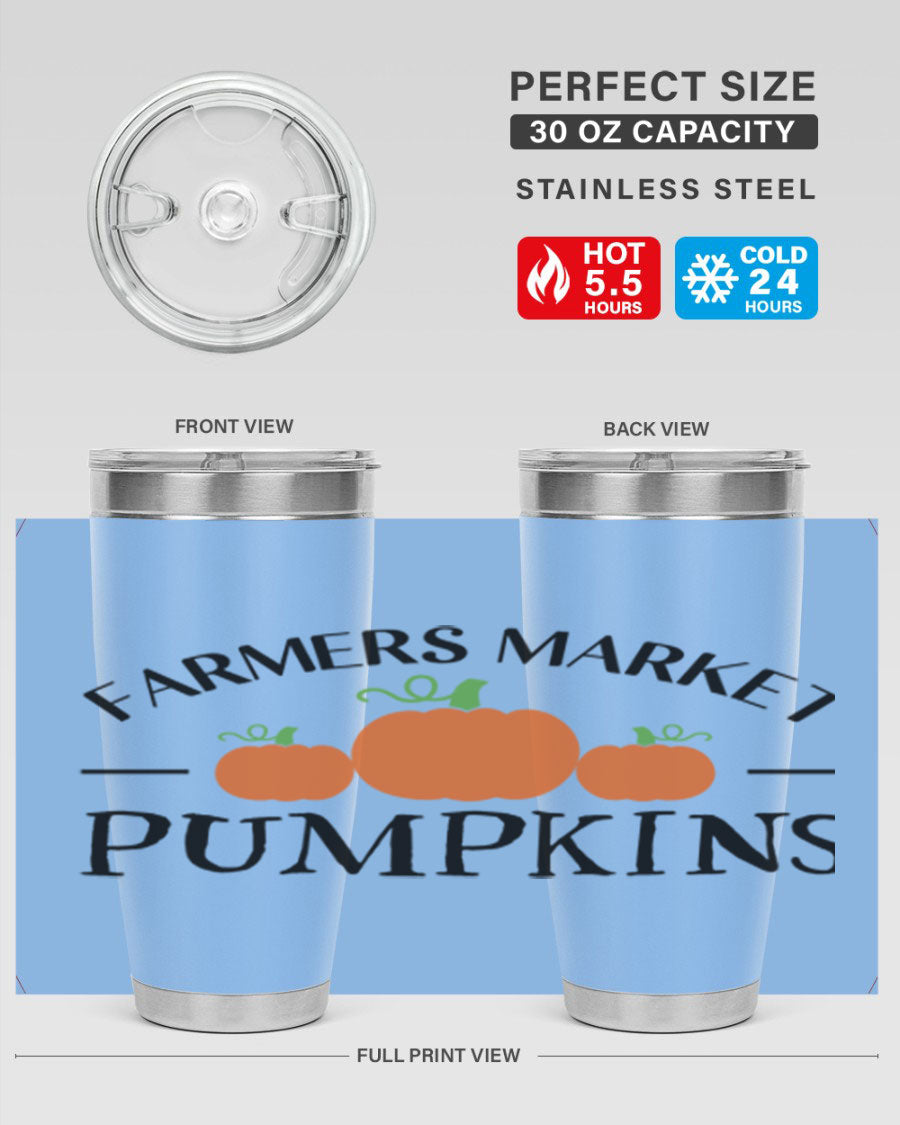 Farmers Market Pumpkins 178# 20oz tumbler featuring a vibrant pumpkin design, double wall vacuum stainless steel construction, and a drink-thru lid.