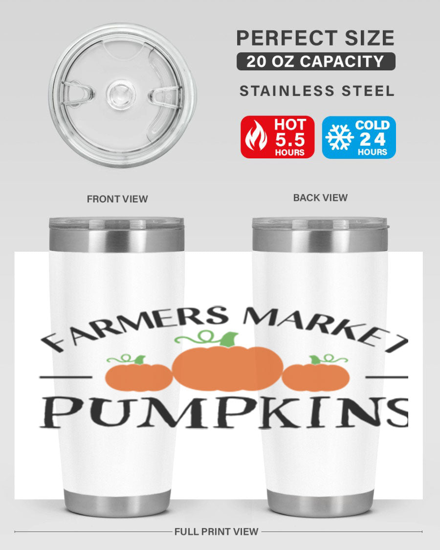 Farmers Market Pumpkins 178# 20oz tumbler featuring a vibrant pumpkin design, double wall vacuum stainless steel construction, and a drink-thru lid.
