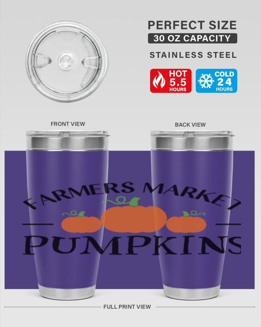 Farmers Market Pumpkins 178# 20oz tumbler featuring a vibrant pumpkin design, double wall vacuum stainless steel construction, and a drink-thru lid.