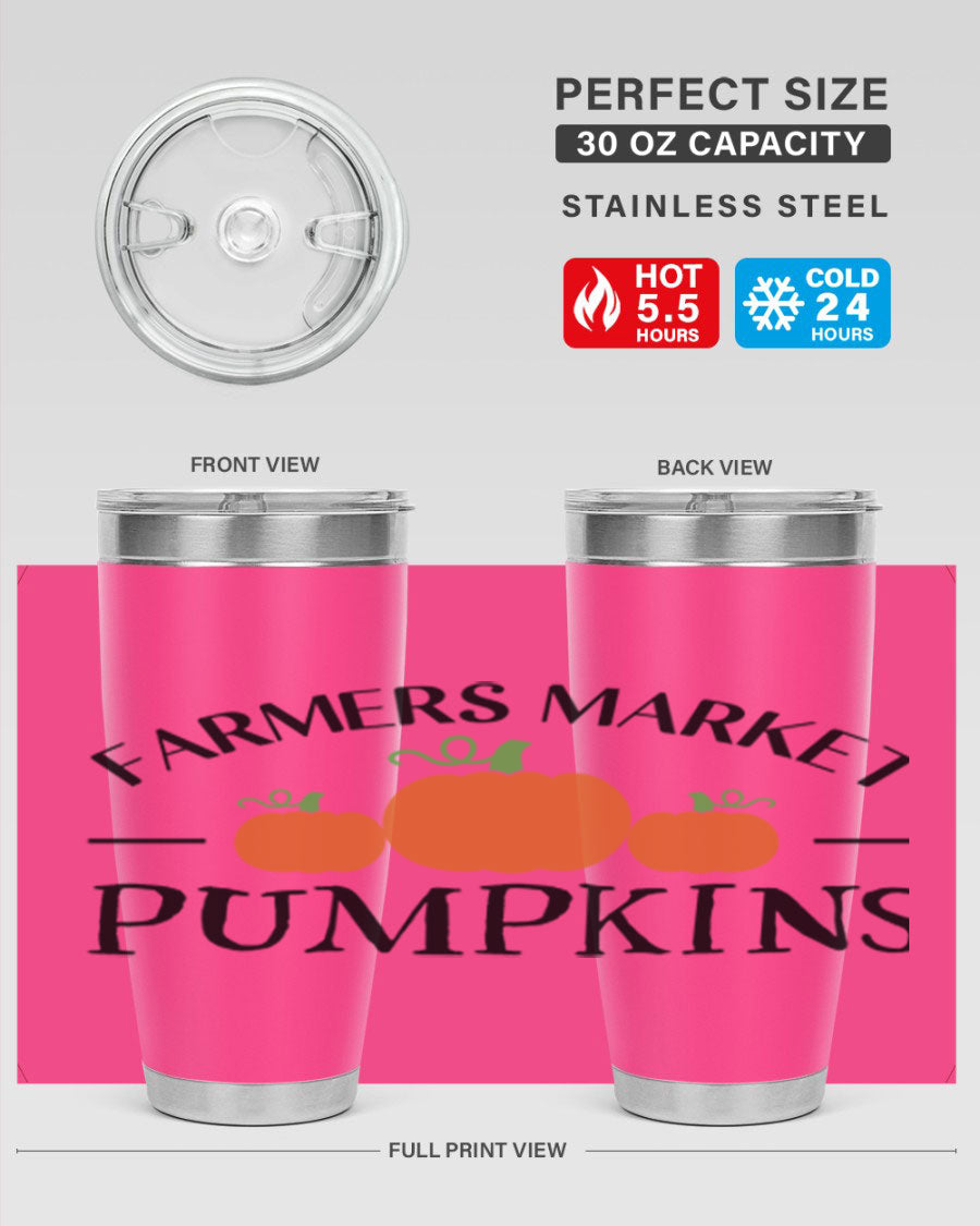Farmers Market Pumpkins 178# 20oz tumbler featuring a vibrant pumpkin design, double wall vacuum stainless steel construction, and a drink-thru lid.