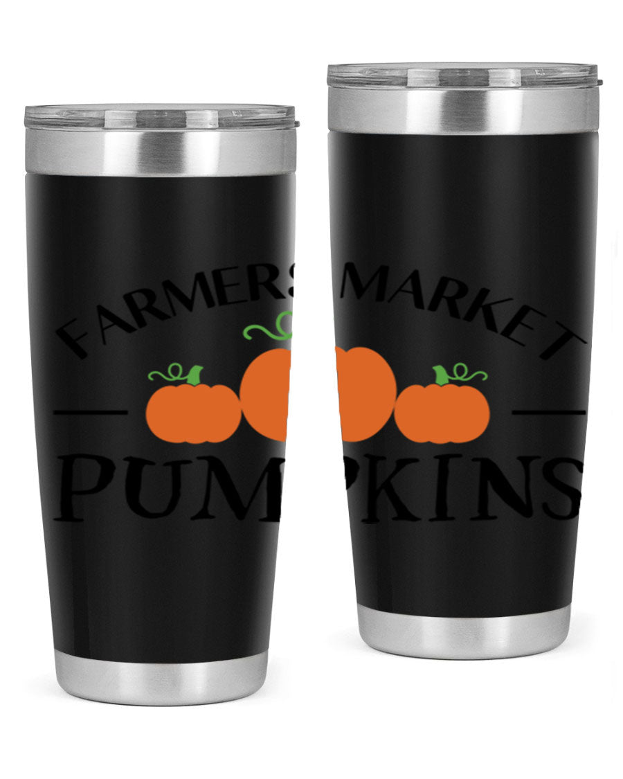 Farmers Market Pumpkins 178# 20oz tumbler featuring a vibrant pumpkin design, double wall vacuum stainless steel construction, and a drink-thru lid.