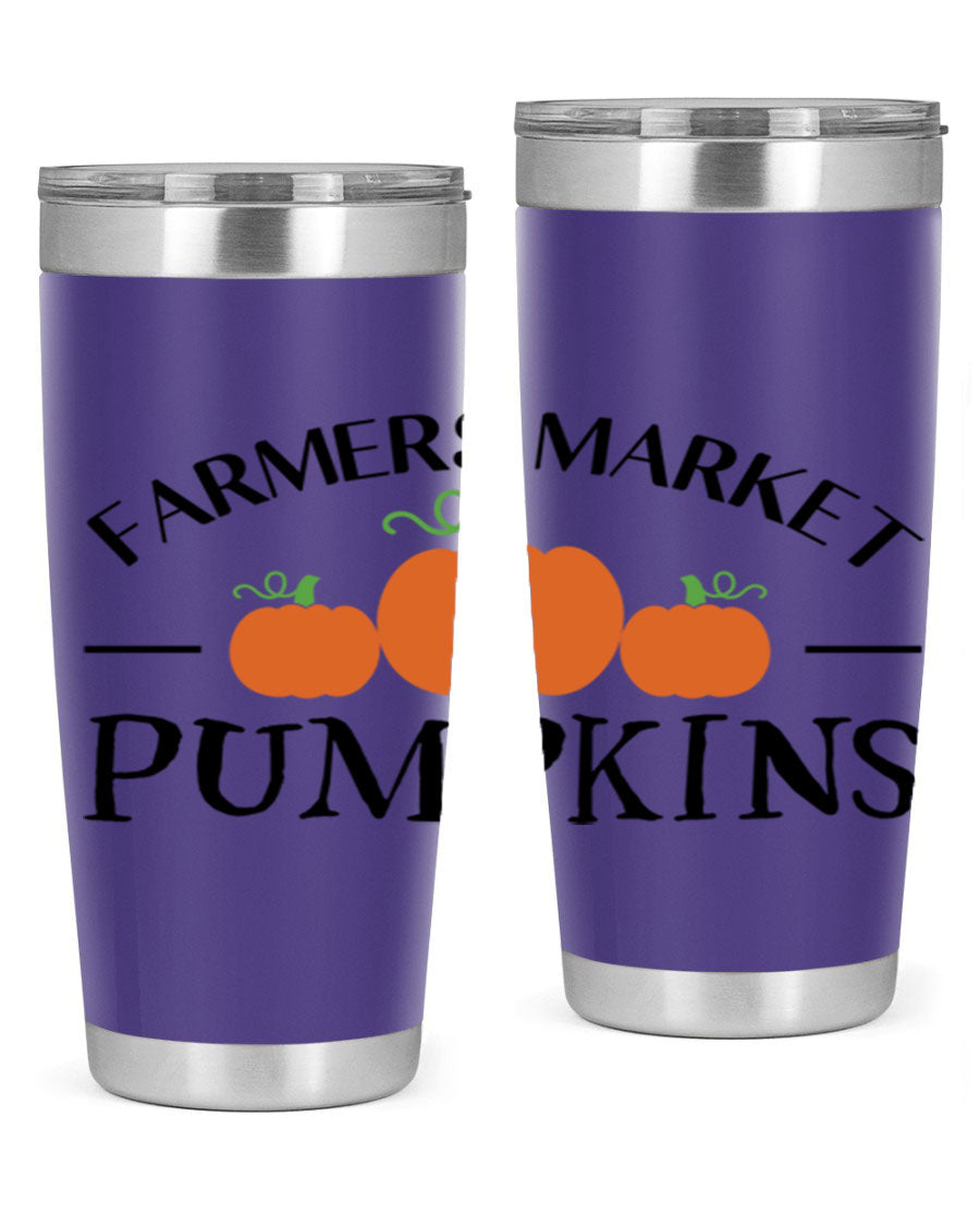 Farmers Market Pumpkins 178# 20oz tumbler featuring a vibrant pumpkin design, double wall vacuum stainless steel construction, and a drink-thru lid.