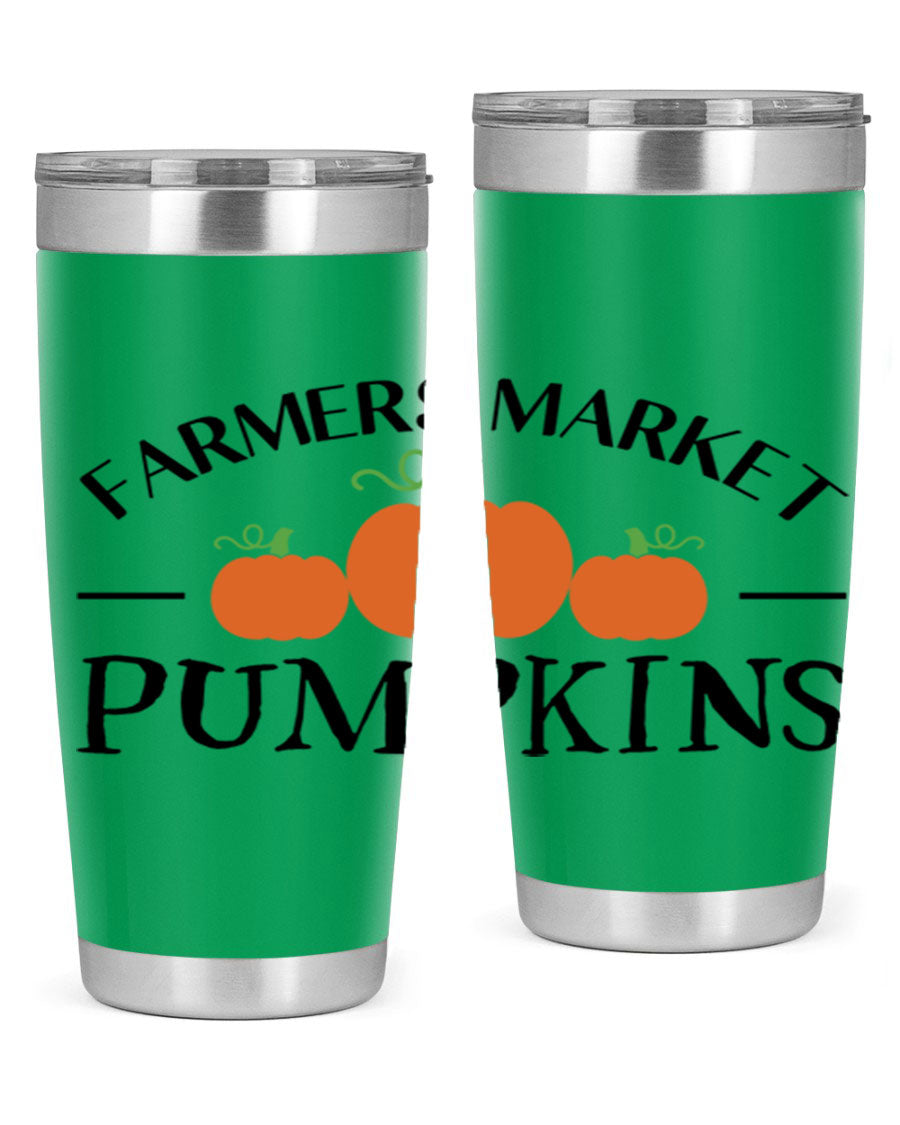 Farmers Market Pumpkins 178# 20oz tumbler featuring a vibrant pumpkin design, double wall vacuum stainless steel construction, and a drink-thru lid.