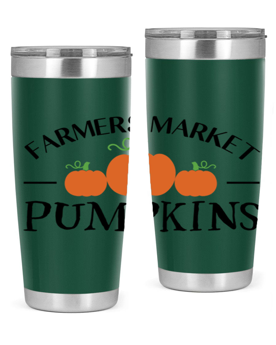 Farmers Market Pumpkins 178# 20oz tumbler featuring a vibrant pumpkin design, double wall vacuum stainless steel construction, and a drink-thru lid.