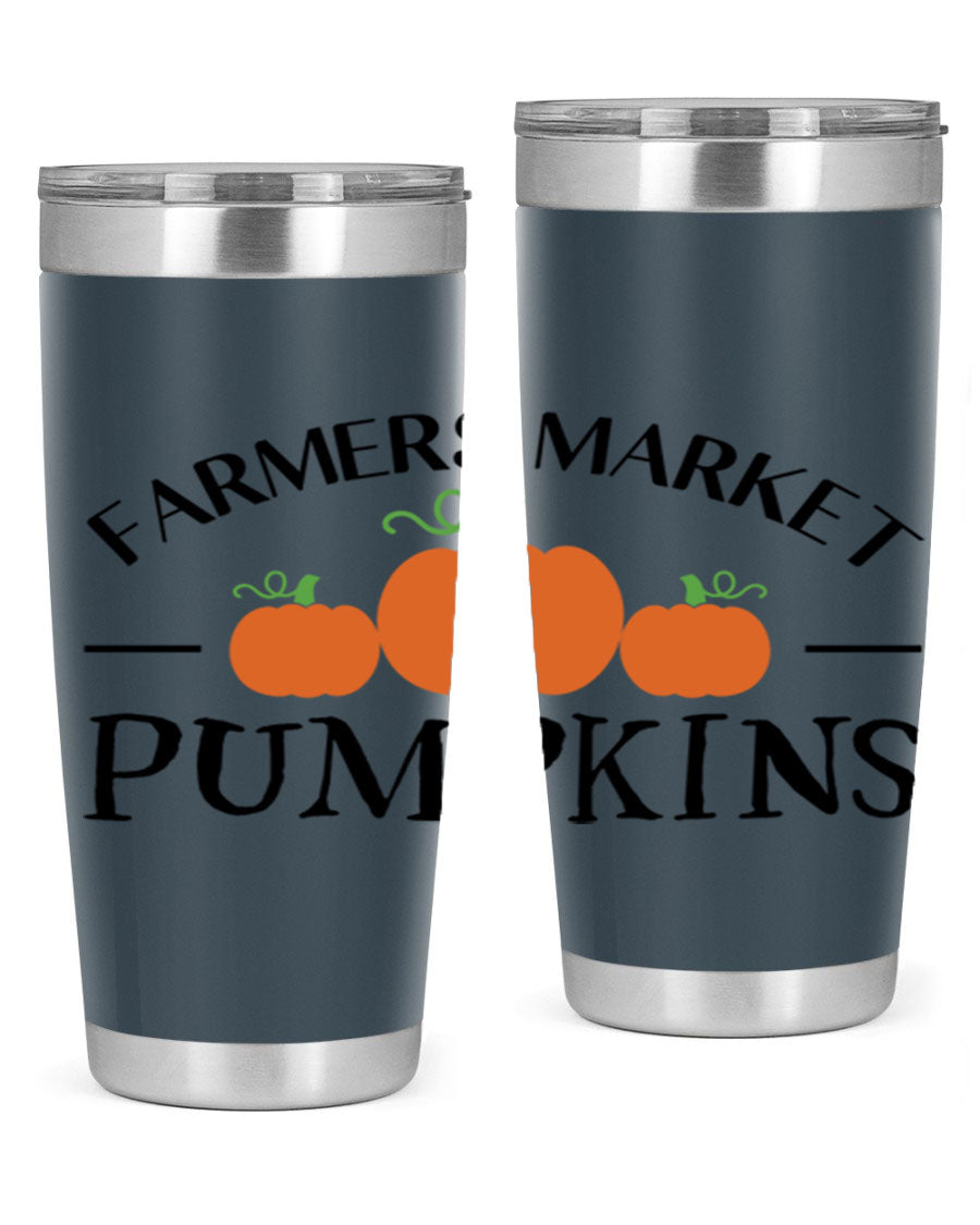 Farmers Market Pumpkins 178# 20oz tumbler featuring a vibrant pumpkin design, double wall vacuum stainless steel construction, and a drink-thru lid.