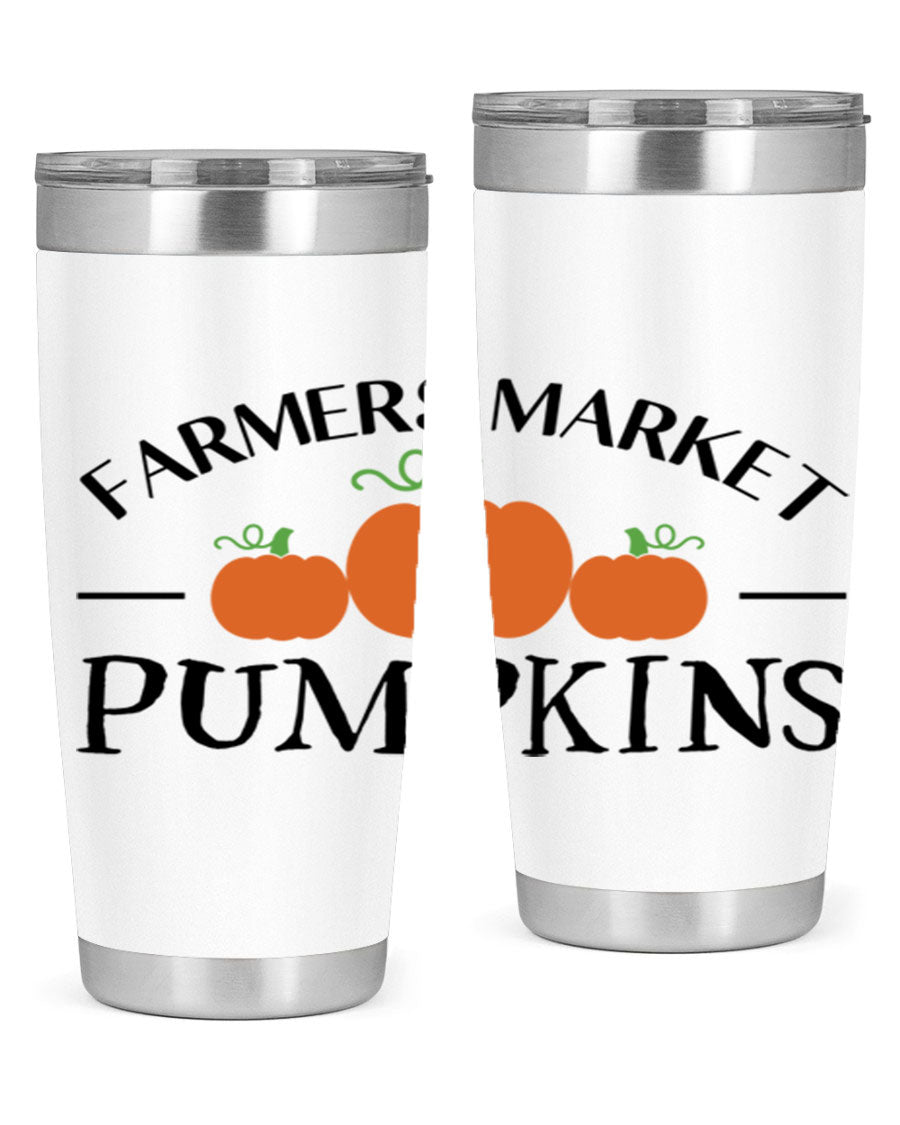 Farmers Market Pumpkins 178# 20oz tumbler featuring a vibrant pumpkin design, double wall vacuum stainless steel construction, and a drink-thru lid.