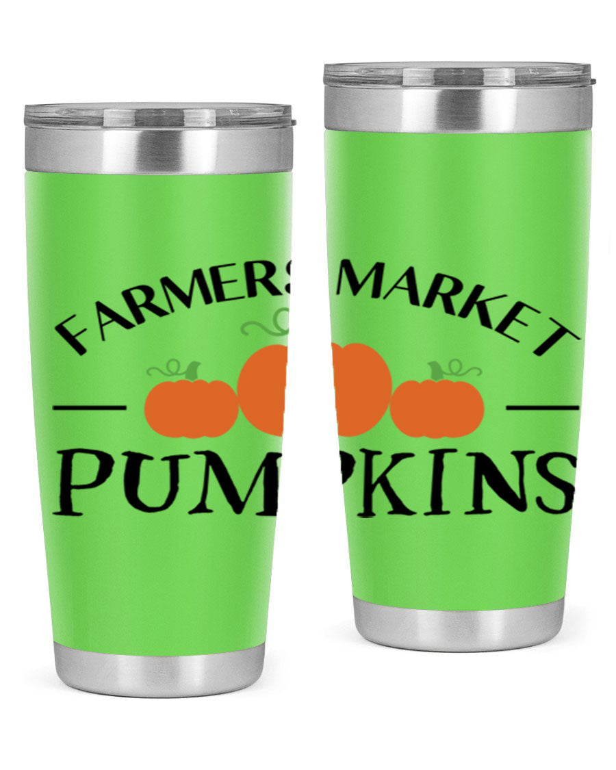 Farmers Market Pumpkins 178# 20oz tumbler featuring a vibrant pumpkin design, double wall vacuum stainless steel construction, and a drink-thru lid.