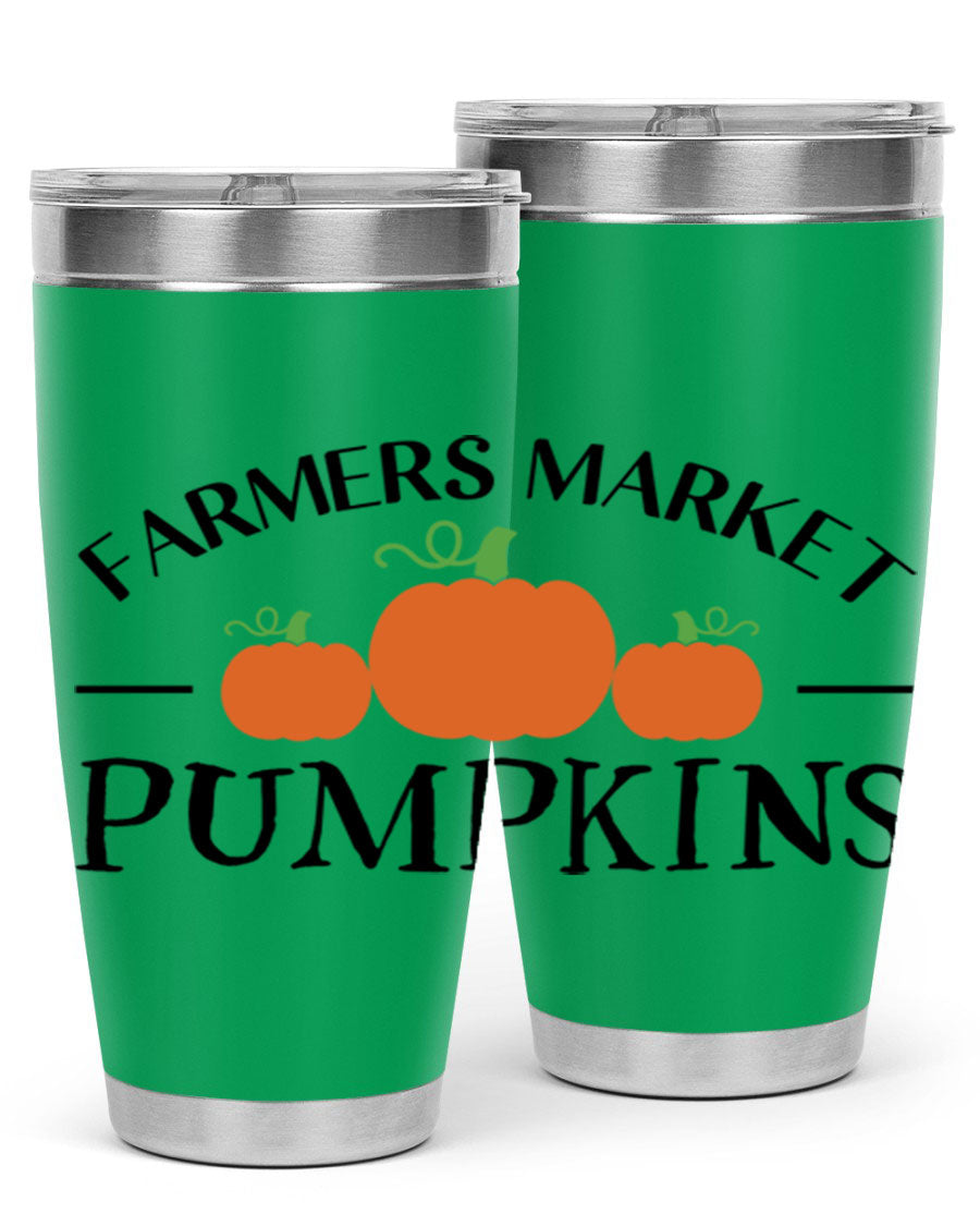 Farmers Market Pumpkins 178# 20oz tumbler featuring a vibrant pumpkin design, double wall vacuum stainless steel construction, and a drink-thru lid.