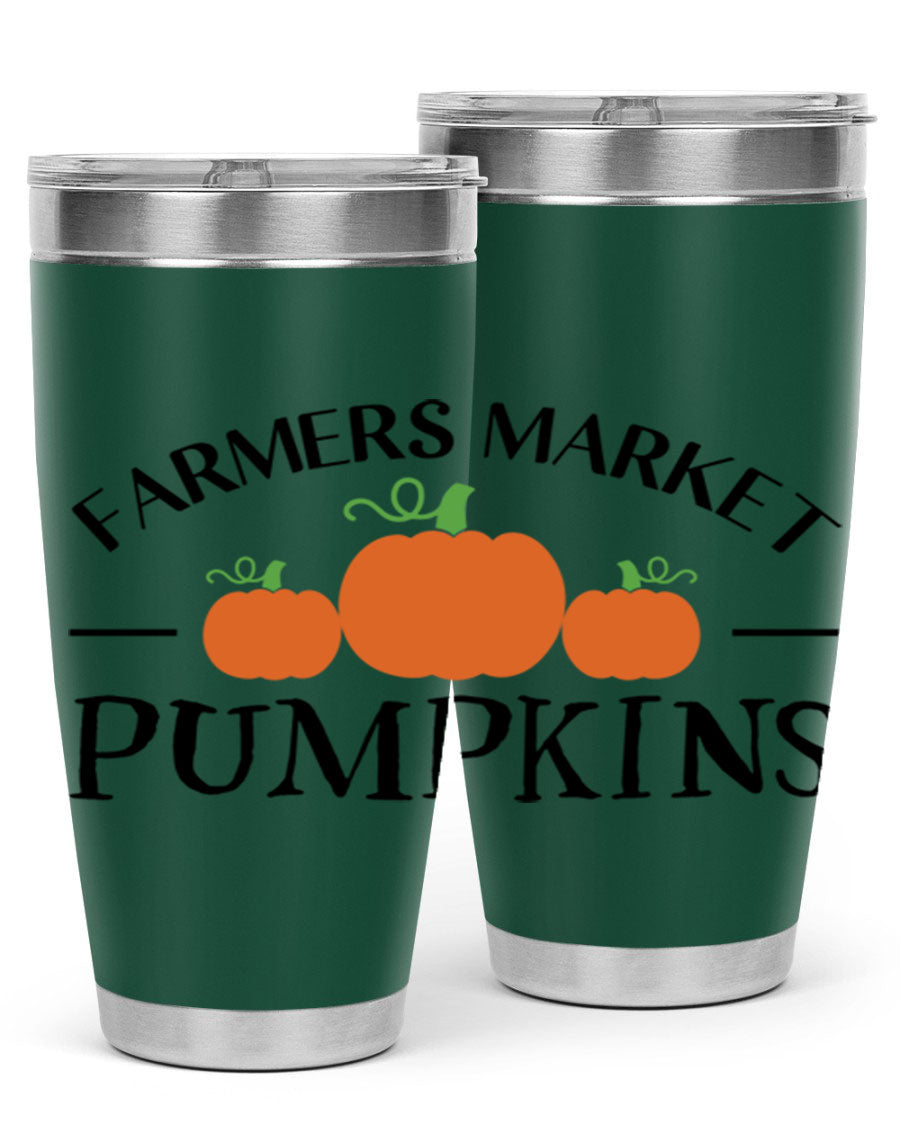 Farmers Market Pumpkins 178# 20oz tumbler featuring a vibrant pumpkin design, double wall vacuum stainless steel construction, and a drink-thru lid.