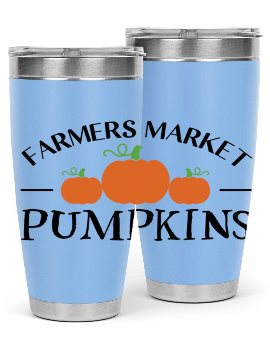 Farmers Market Pumpkins 178# 20oz tumbler featuring a vibrant pumpkin design, double wall vacuum stainless steel construction, and a drink-thru lid.