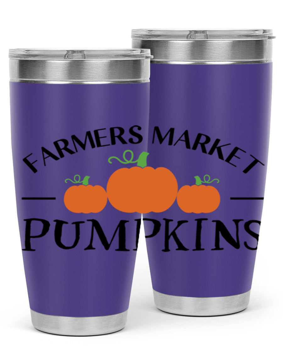 Farmers Market Pumpkins 178# 20oz tumbler featuring a vibrant pumpkin design, double wall vacuum stainless steel construction, and a drink-thru lid.
