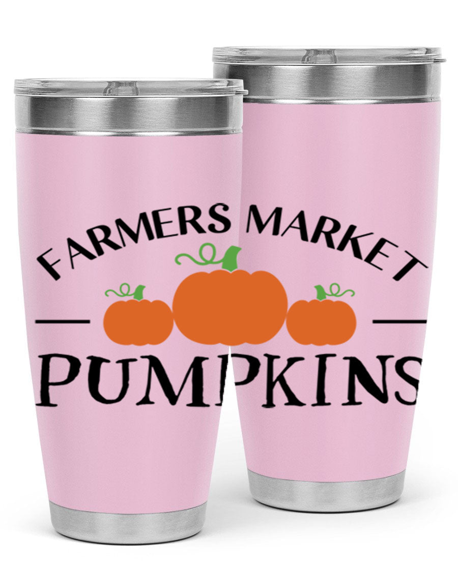 Farmers Market Pumpkins 178# 20oz tumbler featuring a vibrant pumpkin design, double wall vacuum stainless steel construction, and a drink-thru lid.
