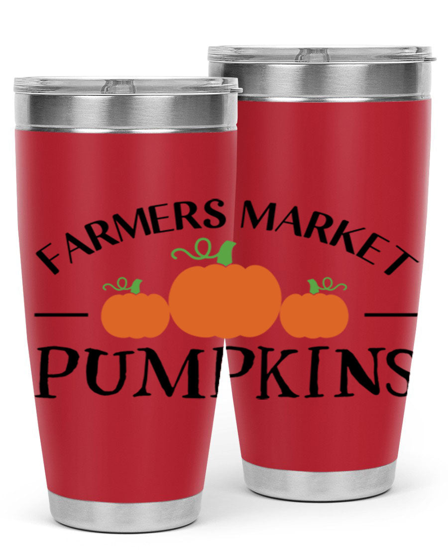 Farmers Market Pumpkins 178# 20oz tumbler featuring a vibrant pumpkin design, double wall vacuum stainless steel construction, and a drink-thru lid.