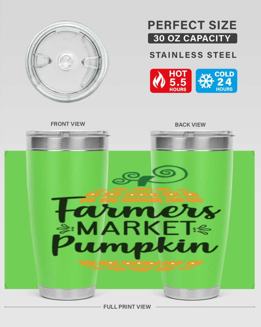 Farmersmarketpumpkin 179# fall tumbler in stainless steel with a vibrant pumpkin design, featuring a drink-thru lid.
