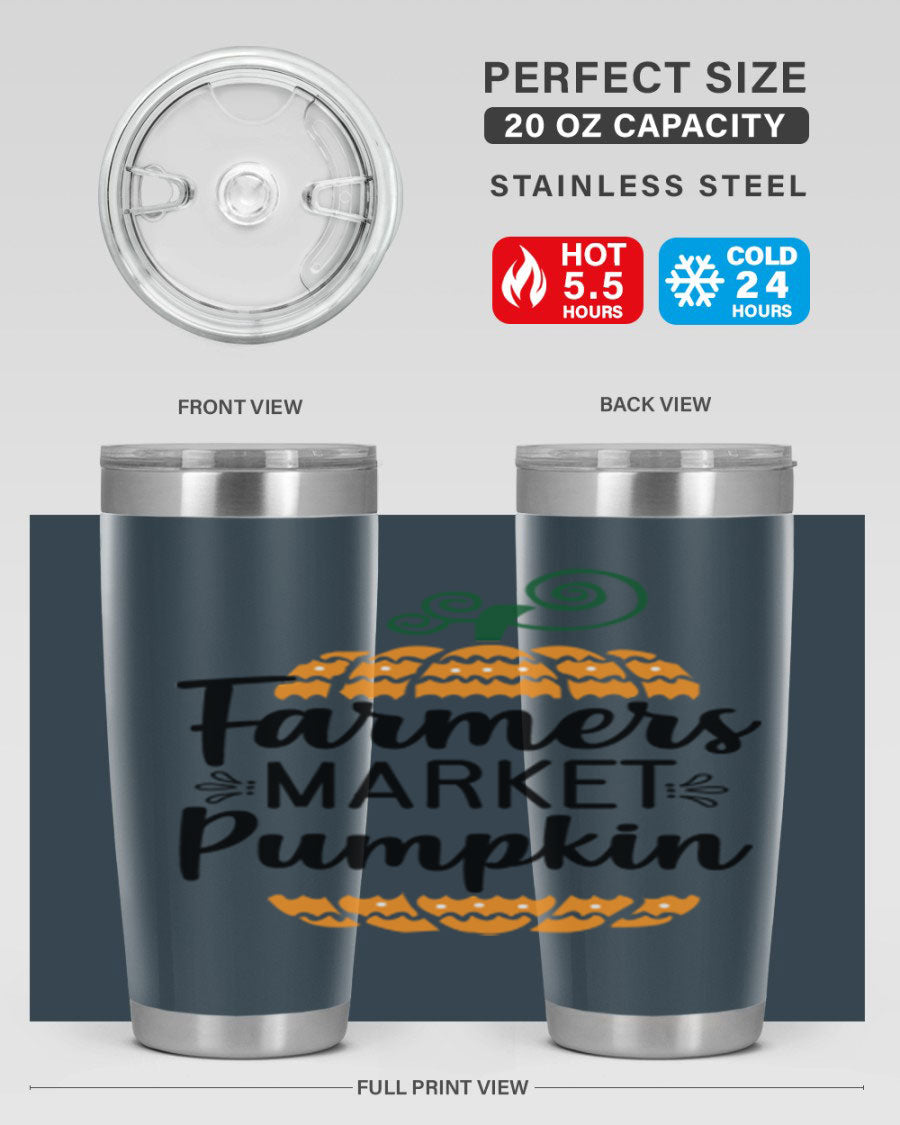 Farmersmarketpumpkin 179# fall tumbler in stainless steel with a vibrant pumpkin design, featuring a drink-thru lid.