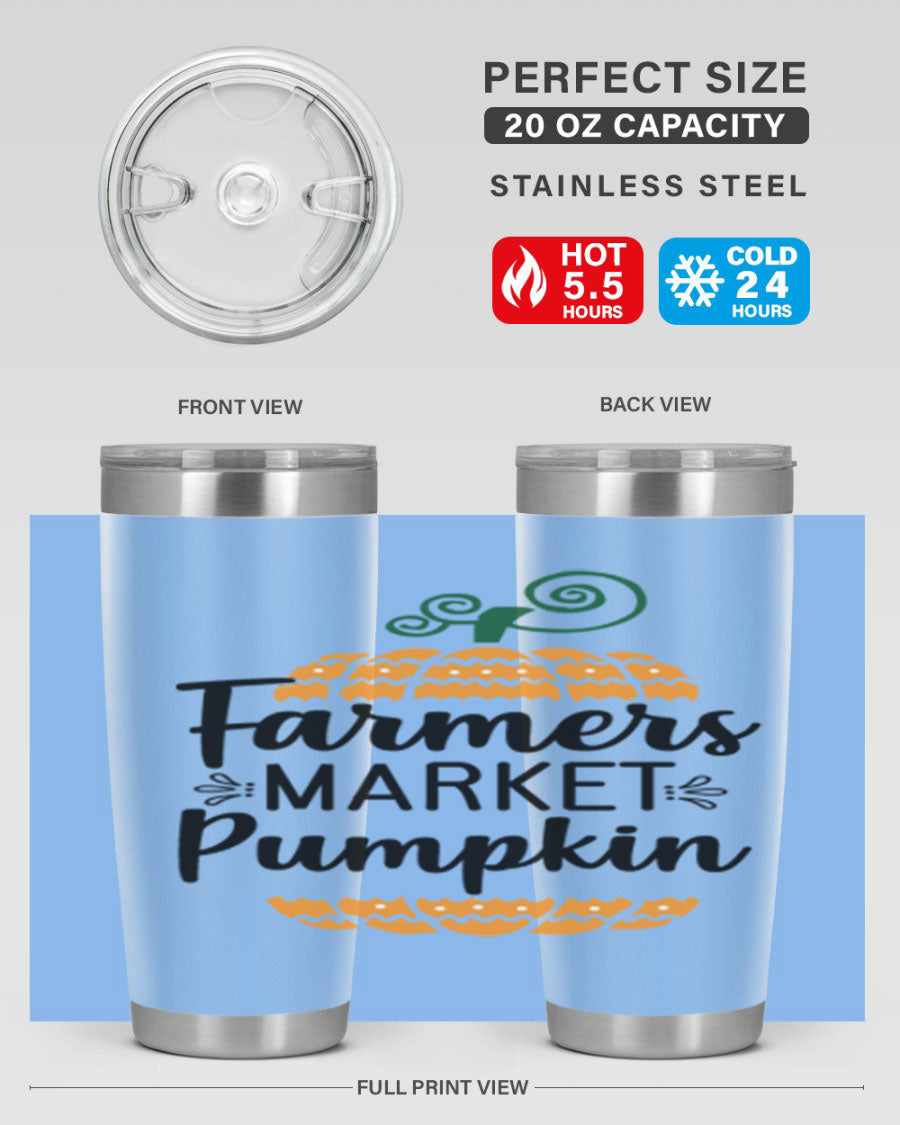 Farmersmarketpumpkin 179# fall tumbler in stainless steel with a vibrant pumpkin design, featuring a drink-thru lid.