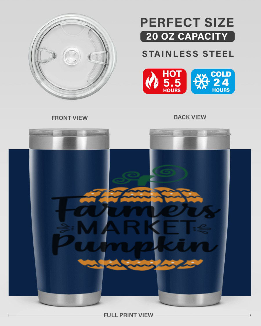 Farmersmarketpumpkin 179# fall tumbler in stainless steel with a vibrant pumpkin design, featuring a drink-thru lid.
