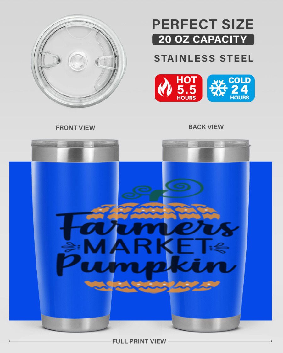 Farmersmarketpumpkin 179# fall tumbler in stainless steel with a vibrant pumpkin design, featuring a drink-thru lid.
