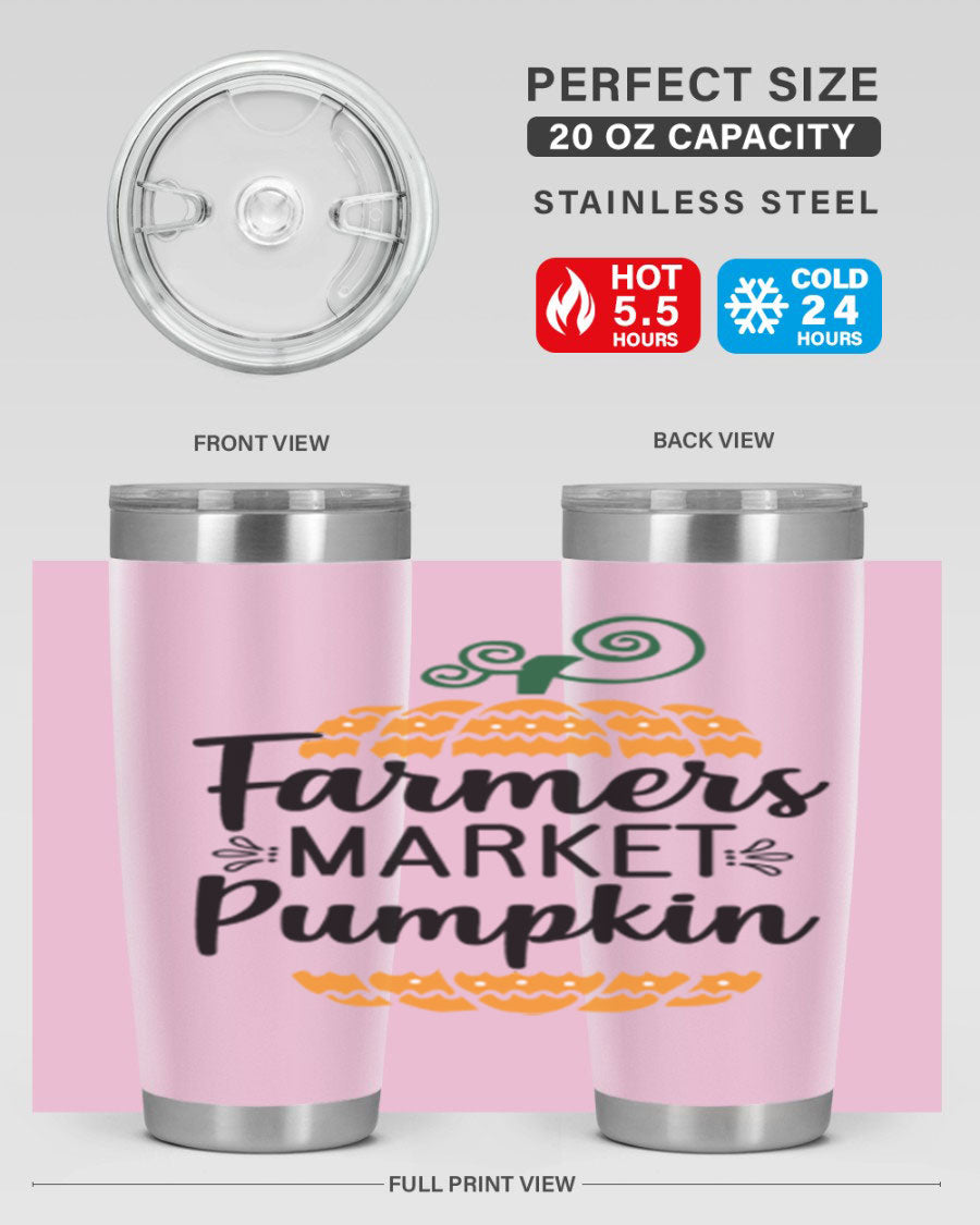 Farmersmarketpumpkin 179# fall tumbler in stainless steel with a vibrant pumpkin design, featuring a drink-thru lid.