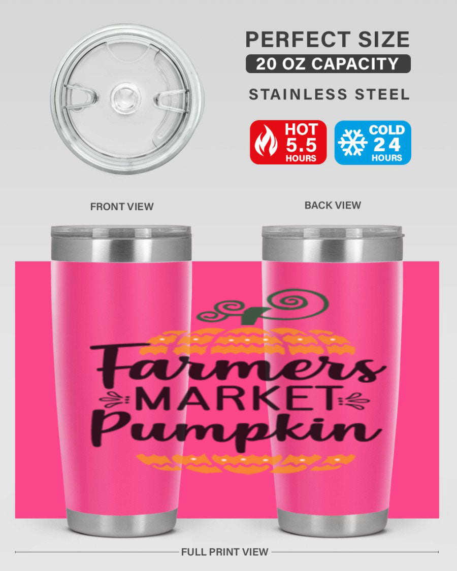 Farmersmarketpumpkin 179# fall tumbler in stainless steel with a vibrant pumpkin design, featuring a drink-thru lid.