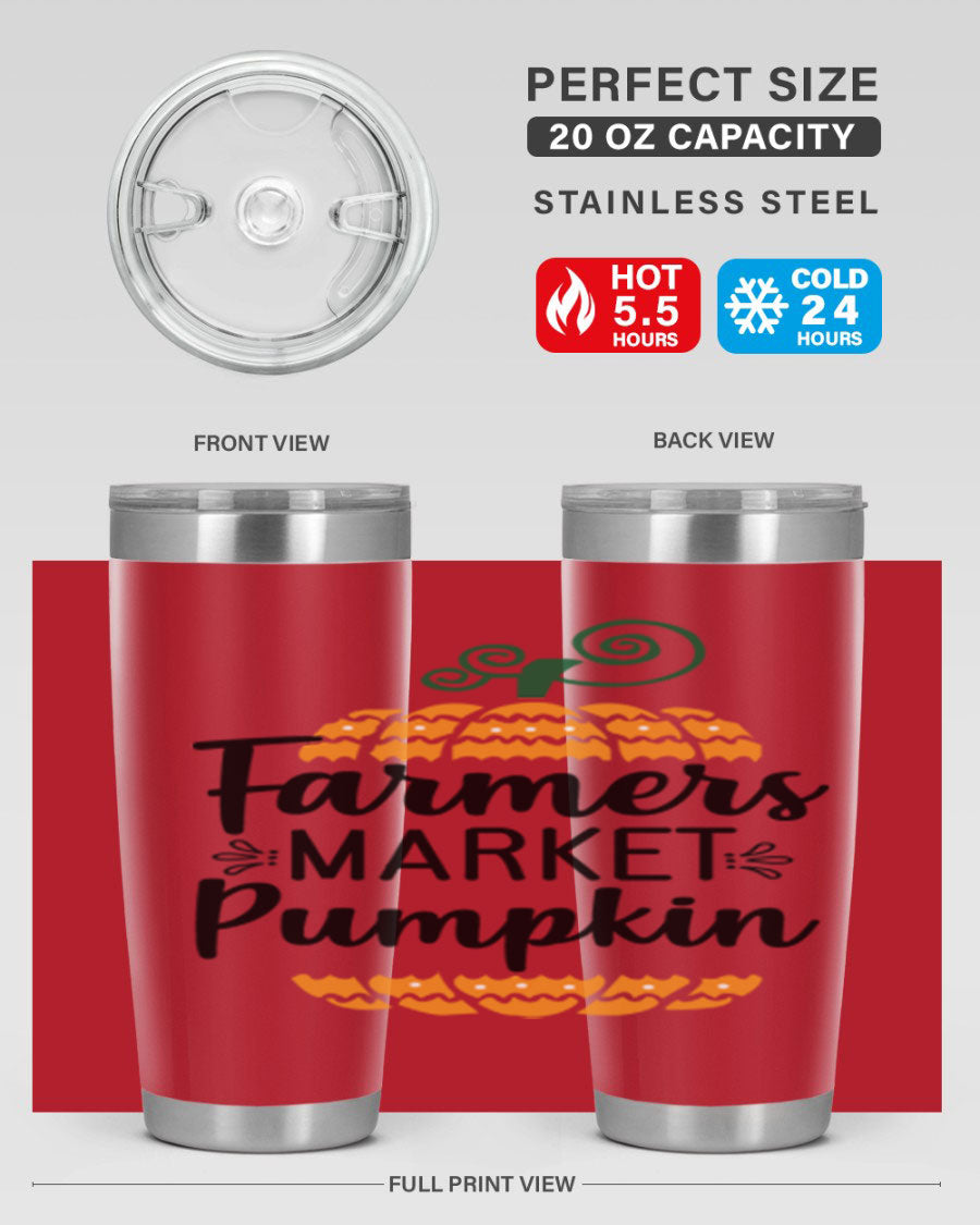 Farmersmarketpumpkin 179# fall tumbler in stainless steel with a vibrant pumpkin design, featuring a drink-thru lid.