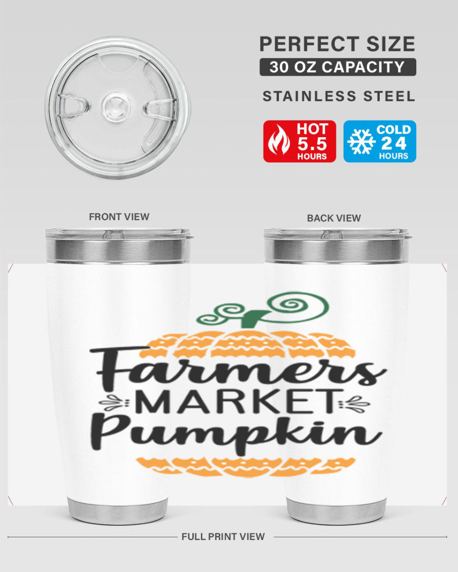 Farmersmarketpumpkin 179# fall tumbler in stainless steel with a vibrant pumpkin design, featuring a drink-thru lid.