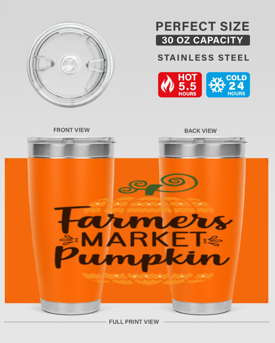Farmersmarketpumpkin 179# fall tumbler in stainless steel with a vibrant pumpkin design, featuring a drink-thru lid.