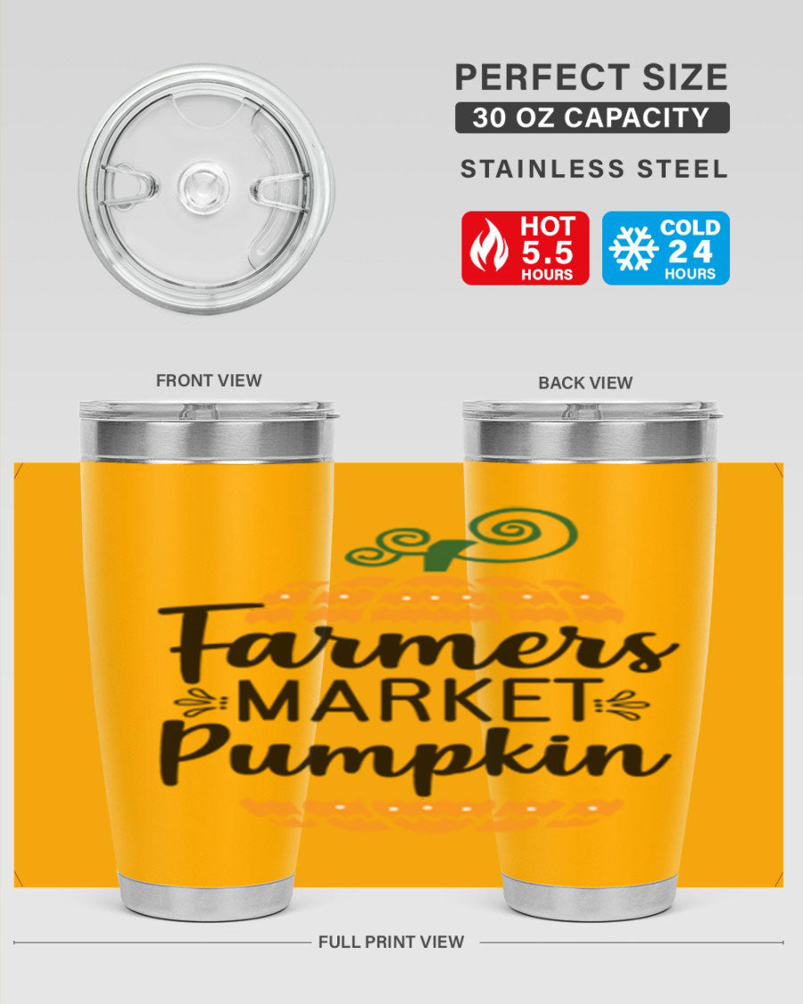 Farmersmarketpumpkin 179# fall tumbler in stainless steel with a vibrant pumpkin design, featuring a drink-thru lid.