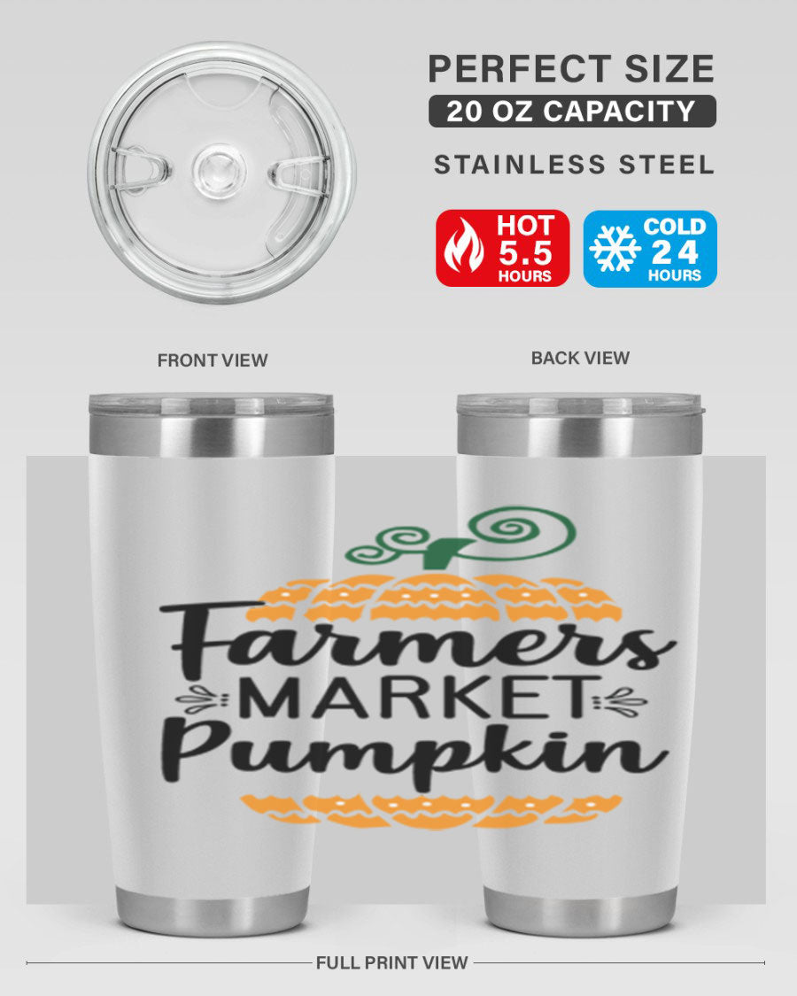 Farmersmarketpumpkin 179# fall tumbler in stainless steel with a vibrant pumpkin design, featuring a drink-thru lid.