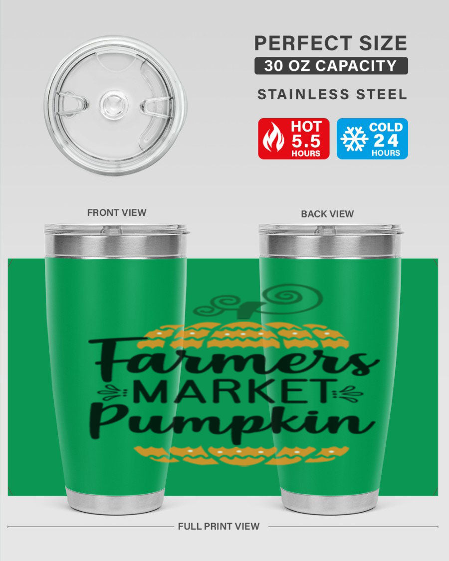 Farmersmarketpumpkin 179# fall tumbler in stainless steel with a vibrant pumpkin design, featuring a drink-thru lid.