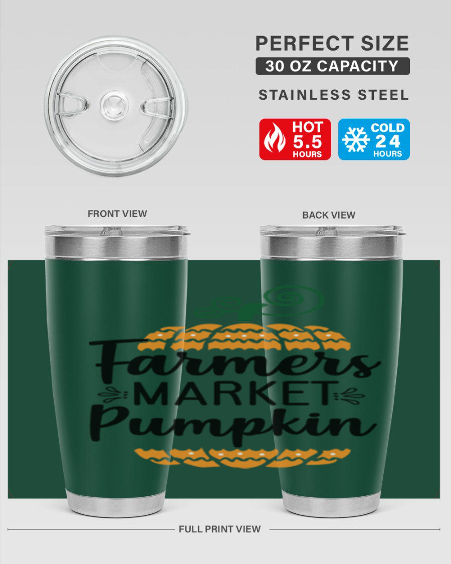 Farmersmarketpumpkin 179# fall tumbler in stainless steel with a vibrant pumpkin design, featuring a drink-thru lid.