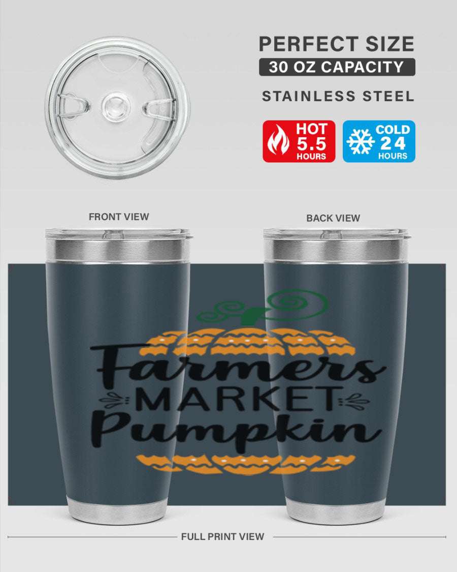Farmersmarketpumpkin 179# fall tumbler in stainless steel with a vibrant pumpkin design, featuring a drink-thru lid.
