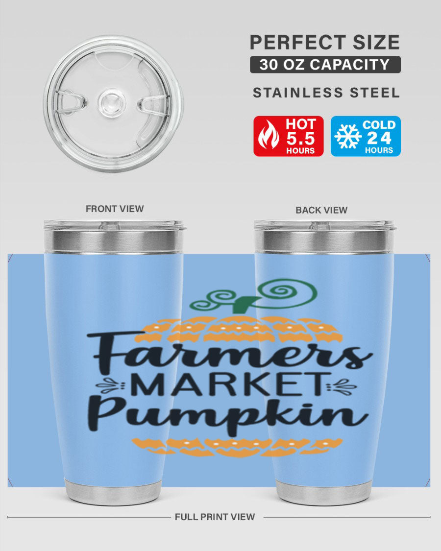 Farmersmarketpumpkin 179# fall tumbler in stainless steel with a vibrant pumpkin design, featuring a drink-thru lid.