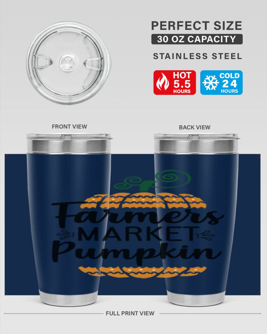 Farmersmarketpumpkin 179# fall tumbler in stainless steel with a vibrant pumpkin design, featuring a drink-thru lid.