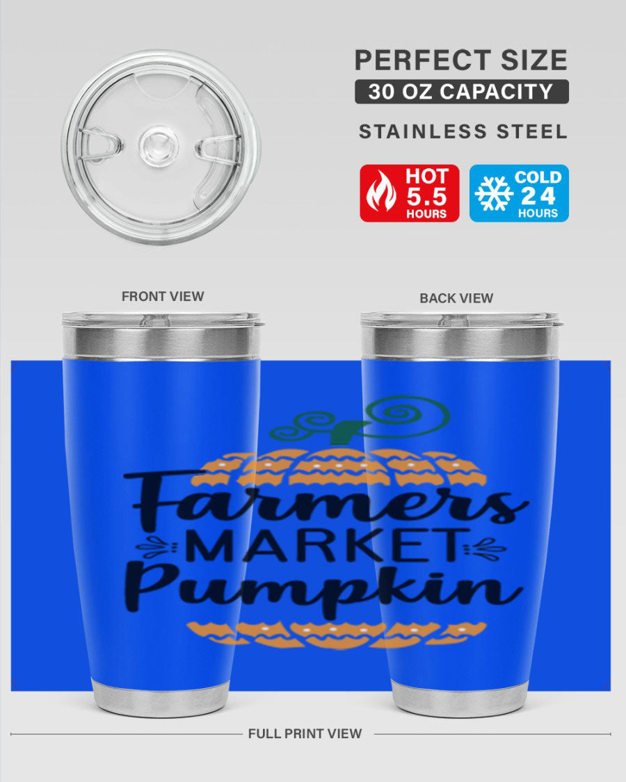 Farmersmarketpumpkin 179# fall tumbler in stainless steel with a vibrant pumpkin design, featuring a drink-thru lid.