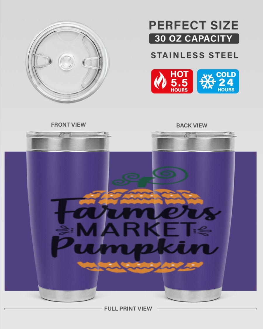 Farmersmarketpumpkin 179# fall tumbler in stainless steel with a vibrant pumpkin design, featuring a drink-thru lid.