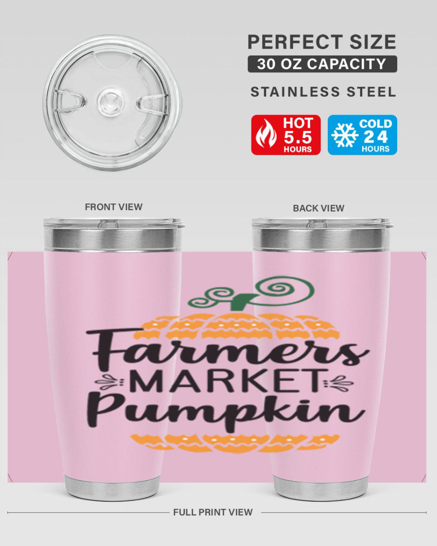Farmersmarketpumpkin 179# fall tumbler in stainless steel with a vibrant pumpkin design, featuring a drink-thru lid.