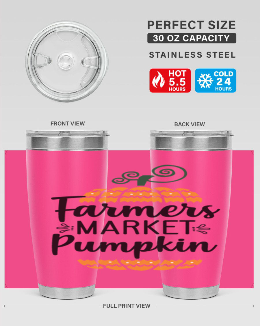 Farmersmarketpumpkin 179# fall tumbler in stainless steel with a vibrant pumpkin design, featuring a drink-thru lid.