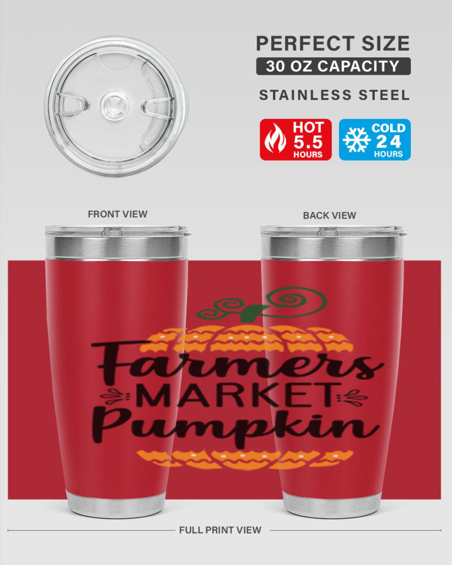 Farmersmarketpumpkin 179# fall tumbler in stainless steel with a vibrant pumpkin design, featuring a drink-thru lid.