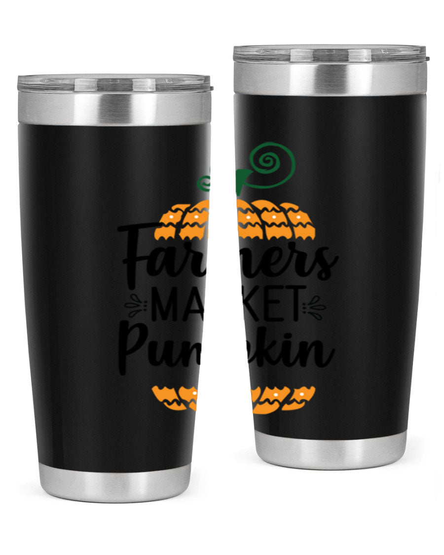 Farmersmarketpumpkin 179# fall tumbler in stainless steel with a vibrant pumpkin design, featuring a drink-thru lid.