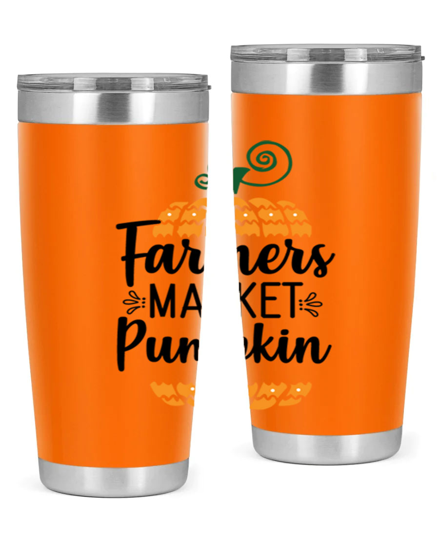 Farmersmarketpumpkin 179# fall tumbler in stainless steel with a vibrant pumpkin design, featuring a drink-thru lid.