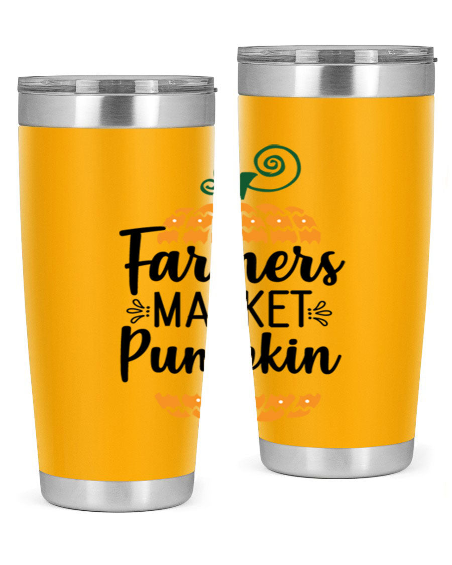Farmersmarketpumpkin 179# fall tumbler in stainless steel with a vibrant pumpkin design, featuring a drink-thru lid.